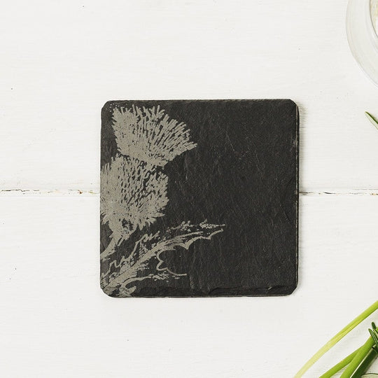 In this photo 4 Slate Coasters Thistle Mood4Whisky